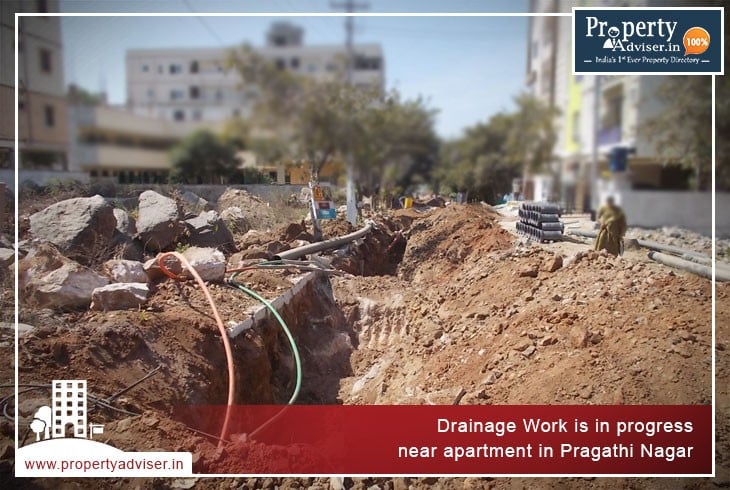 Drainage Work is in progress near apartment in Pragathi Nagar